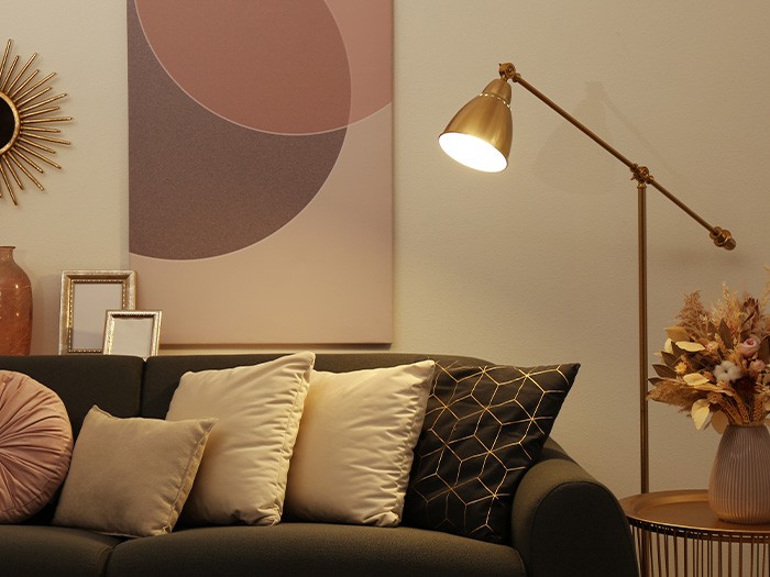 Living room couch with reading floor lamp
